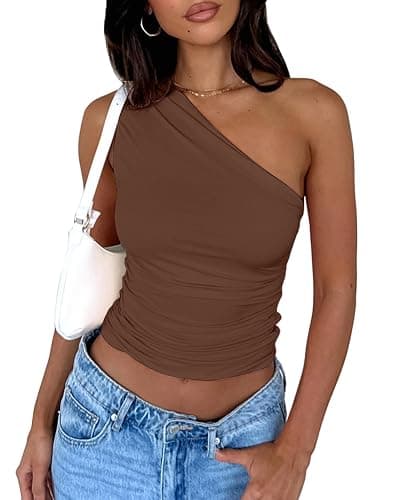 zhaistar Women's One Shoulder Tank Top Sleeveless Ruched Slim Fit Y2K Basic Going Out Crop Tops - Image 1