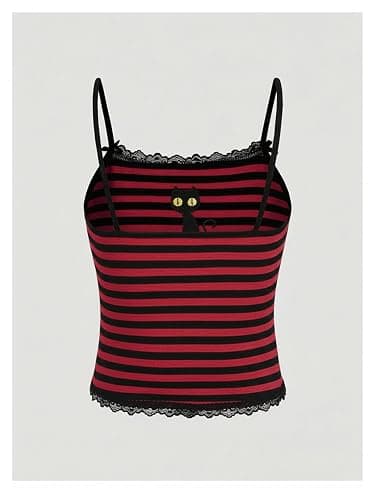 SOLY HUX Women's Y2k Lace Striped Cami Crop Cat Embroidery Gothic Tops | Goth Grunge, Spaghetti Strap, Cat Embroidery, Camisole, Going Out, Casual Wear, Slim Fit thumbnail 2