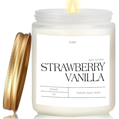 Putart Strawberry Vanilla Highly Scented Candle for Home, 9oz Natural Soy Aromatherapy Non Toxic Candles with Essential Oil, Home Fragrance Stress Relief & Meditation Jar Candles Gifts for Women & Men - Image 1