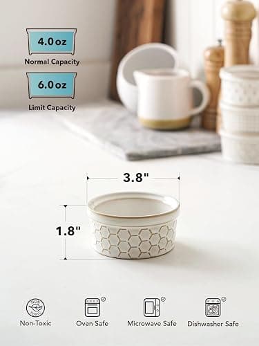 LE TAUCI Ramekins 4 oz Oven Safe for Creme Brulee, Charcuterie Boards Bowls for Souffle, Small Sauce Bowl, Ceramic Baking Dishes - 3.8 inch, Set of 4, Arctic White thumbnail 3