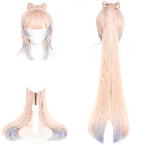 maysuwell Anime Pink Mixed Blue Wigs with Bangs Long Straight Hair with Ponytail Pre-made Bows Game Character Cosplay Wig Halloween,Christmas,Comic con,Game Show - Image 1