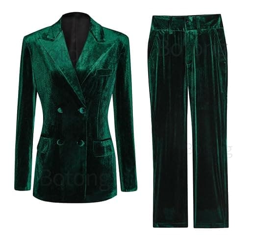 Botong Women's 2 Piece Velvet Suit Office Work Suit Notch Lapel Double Breasted Blazer Pants Business Suit Set thumbnail 2