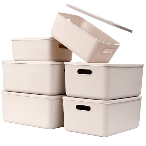 Yishyfier Plastic Storage Baskets With Lid Organizing Container Lidded Knit Storage Organizer Bins for Shelves Drawers Desktop Closet Playroom Classroom Office (4M+2S, Light grey) - Image 1