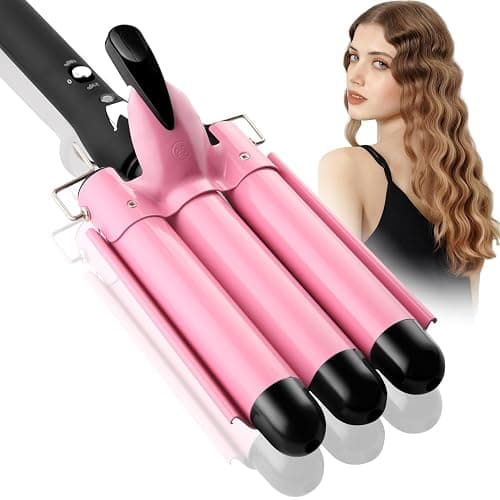 3 Barrel Curling Iron Hair Crimper: Birthday Gifts for Women - Dual Voltage Adjustable Temperature Three Barrels Hair Waver - 1 Inch Ceramic Curler Wand (Pink) - Image 1