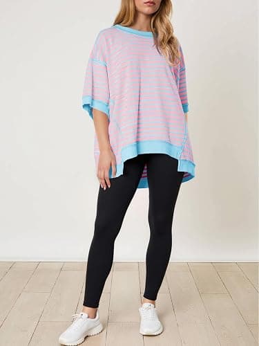 Tankaneo Womens Oversized T Shirts Striped Color Block Cotton Tops Summer Casual Half Sleeve Loose Fit Crewneck Sweatshirts thumbnail 4