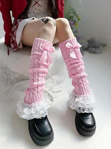 SQYZRZ Women's Knit Leg Warmers Y2K Knit Leg Warmers Lolita Bow Lace Trim Knee-High Leg Sleeve Socks thumbnail 4