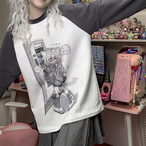 Y2k Aesthetic Detachable Sleeve T-Shirt Women Kawaii Cat Girl Anime Print Cute Sweatshirts Fairycore Streetwear thumbnail 3