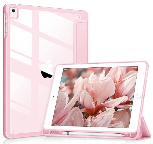 VIKESI for iPad 6th / 5th Generation 9.7 inch Case (2018/2017), iPad Air 2 & 1 (2014/2013) Case, Clear Back, Smart Cover [Built-in Pencil Holder, Auto Sleep/Wake] - Pink - Image 1