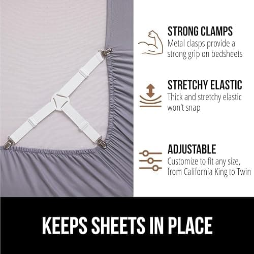 GORILLA GRIP Patent Pending Bed Sheet Holders, Adjustable Elastic Fasteners with Metal Clips, Keep in Place Fitted Bedding Straps, Firm Tight Suspenders for Mattress, US Designed, 4 Pack White thumbnail 5