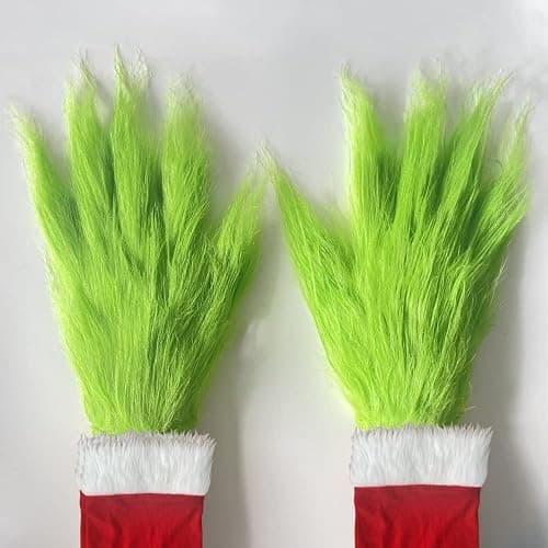 Hefnoya Green Furry Plush Gloves Adults and Kids, Christmas Santa Cosplay Costume Mask Props Green Hands Gloves thumbnail 5