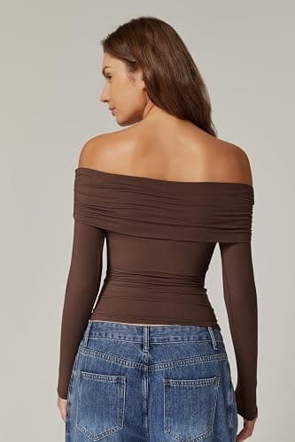 QINSEN Womens Off The Shoulder Tops Double Lined Long Sleeve T Shirts Slim Fitted Stretchy Crop Top thumbnail 3