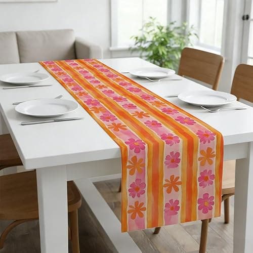 Pink Orange Stripes Floral Table Runner 72 Inches Long Linen Tabel Runner for Kithcen Table Decor Dining Room Decor for Home Kitchen Party Decorations Valentines Day Indoor Outdoor 13X72 Inch thumbnail 6