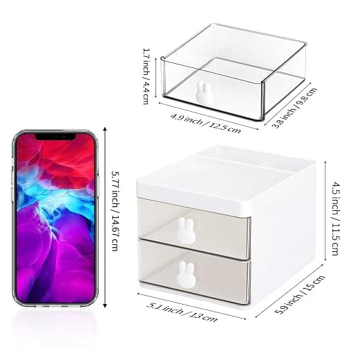 LETURE Small Desk Organizer With Drawer, Office Desktop Storage Box, Business Card/Pen/Pencil/Mobile Phone/Stationery Holder Storage Box, Makeup Organizer for Office School Home (White) thumbnail 3