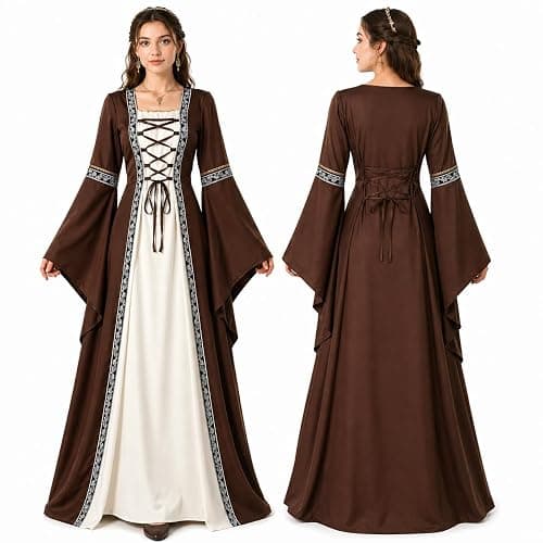 MerwMouty Women's Renaissance Medieval Dress - Lace-Up Bell Sleeve Costume for Halloween, Stage & Cosplay thumbnail 3