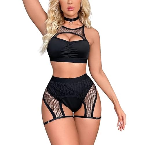 Women Rave Outfits Cutout Fishnet Top Booty Shorts Bottom Choker 3Pcs Babydoll Nightwear Festival Lingerie - Image 1