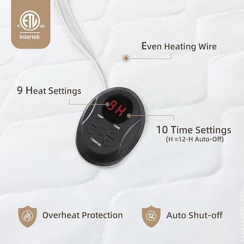 Bwarm Premium Quilted Heated Mattress Pad Twin XL Size, 39" x 80" Bed Warmer, 9 Heat Settings, 1-12 Hours Auto Off, Soft and Cozy, Deep Pocket, Fast Heating, Machine Washable - Quilted White - Twin XL thumbnail 3