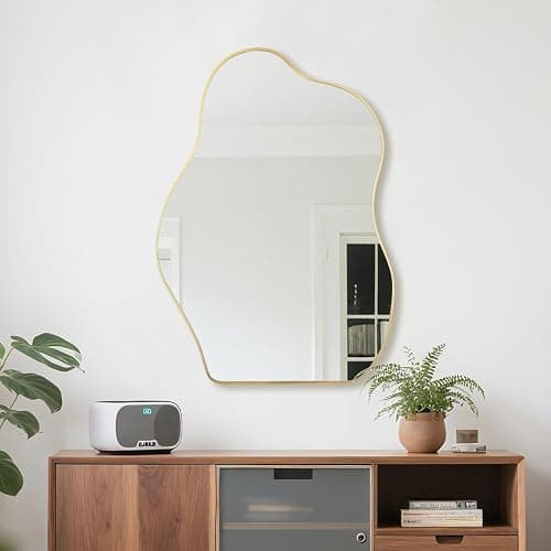 Irregular Asymmetrical Wall Mirror, 36x24 Inch Gold Bathroom Mirror | HD Tempered Glass, Decorative Wall Mirror Golden Wood Framed Mirror for Bathroom Living Room Entryway Bedroom Hallway thumbnail 7