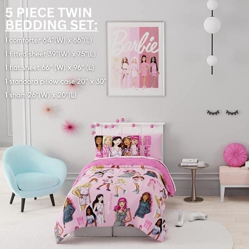 Franco Barbie Barbiecore Bedding Super Soft Comforter and Sheet Set with Sham, 5 Piece Twin Size, College Dorm Essentials (Official Licensed Product) thumbnail 2