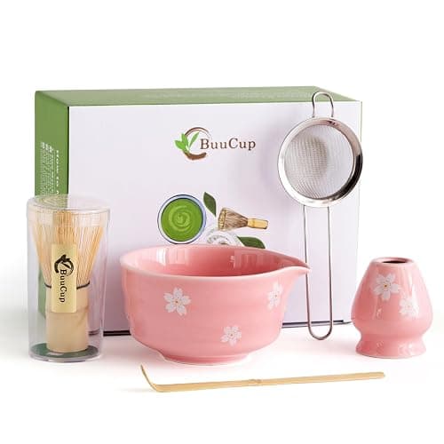 Buucup Matcha Whisk Set, Ceramic Matcha Bowl with Spout, Pink Matcha Kit | Includes bamboo whisk, holder, scoop and stainless sifter. Japanese-style matcha set designed for smooth tea preparation. - Image 1