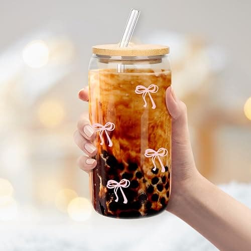 BOYIN HUES Coquette Aesthetic Bow Glass Cups, Cute Pink Girly Preppy Iced Coffee Cup w/Lids and Straws 16oz Drinking Glasses Gifts for Women Teen Girl Gifts Trendy Stuff thumbnail 5