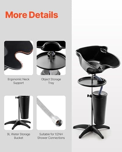 VEVOR Portable Shampoo Bowl, Deep Shampoo Sink with Adjustable Height & Angle, Washing Hair Station Includes Drain Hose, Shower Head and Bucket, Salon Sink for Home & Barber Use, Black thumbnail 7