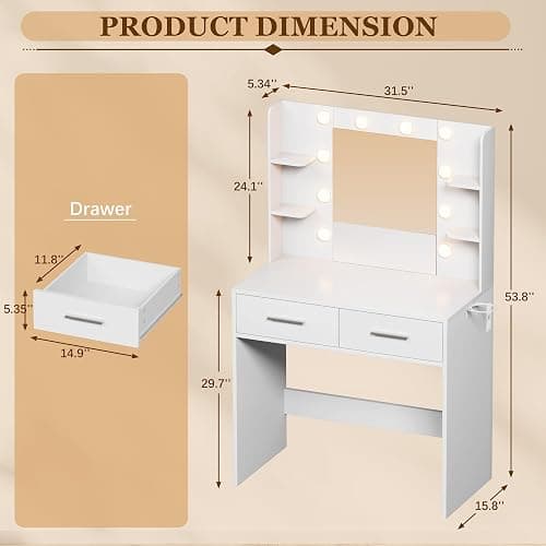 Furmax Make up Vanity Desk with Mirror and Power Outlet, Vanity with 3 Color Light Options Adjustable Brightness,Vanity Desk with 2 Drawers, 6 Storage Shelves (White, No Bench) thumbnail 3