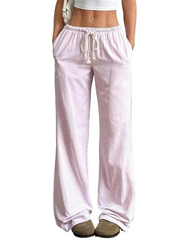 ZAFUL Casual Pants for Women, Pajama Pants Stripe Home Pants Palazzo Drawstring Waist Straight Leg - Image 1