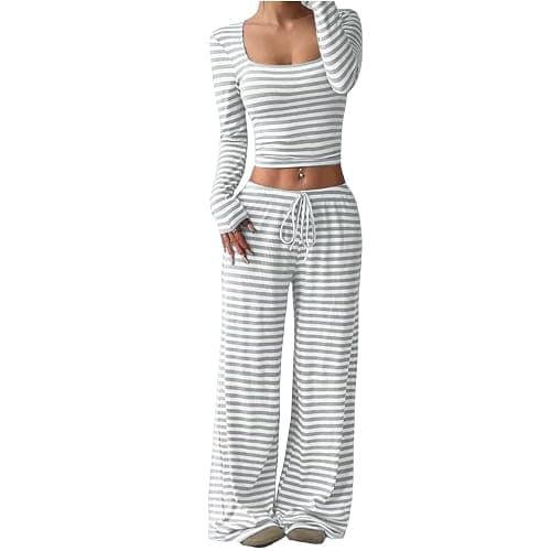 Nkgra Womens Striped 2 Piece Outfits Casual Square Neck Cropped Top Drawstring Wide Leg Pants Matching Pajamas Set thumbnail 2