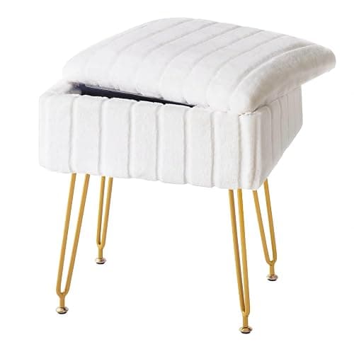 FUXA Vanity Stool Chair with Storage, White Faux Fur Makeup Chair with 4 Metal Legs and Anti-Slip Feet, Soft Padded Seat, Small Footrest Footstool Ottoman, Multifunctional Stool for Bedroom - Image 1