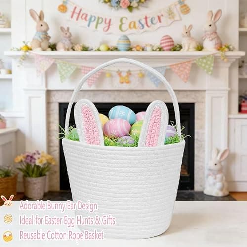 BEIYANA Easter Basket for Kids, Cute Bunny Easter Basket with Removable Ears & Writable Name Tag, Personalized Cotton Rope Woven Empty Easter Basket, First Easter Gift for Toddlers Boys Girls (Pink) thumbnail 6