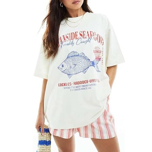 Women Cute Graphic Oversized Tees Fish Lobster Printed Y2K Baggy T Shirts Teen Girls Preppy Vintage Aesthetic Summer Tops - Image 1