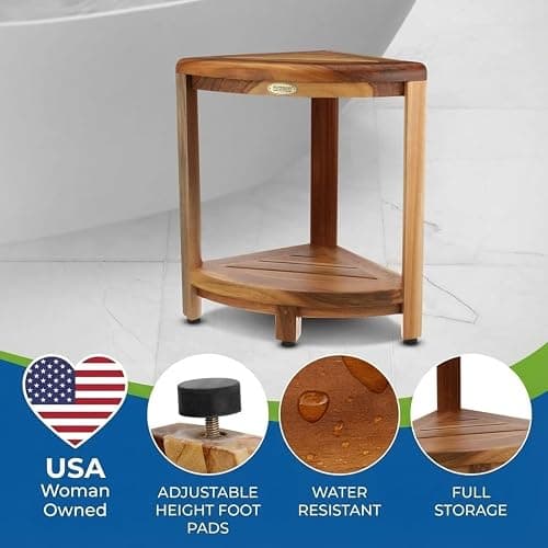 DecoTeak Teak Corner Shower Shelf – 2 Tier Waterproof Bathroom Storage Organizer Compact Wood Storage | Water-Resistant Design | Space Saver for Showers & Small Bathrooms | Shaving Foot Rest thumbnail 4