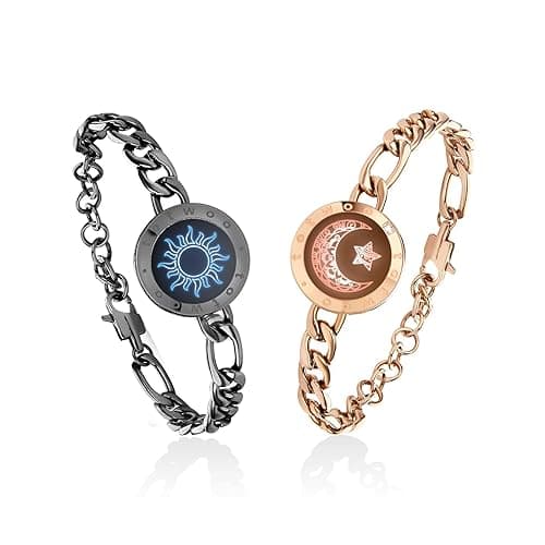 TOTWOO Touch Bracelets for Couples, Vibration & Light up for Love Couples Long Distance Relationship Gifts for Girlfriend Bluetooth Pairing Jewelry - 2-Figaro Chain/ Black Rose Gold