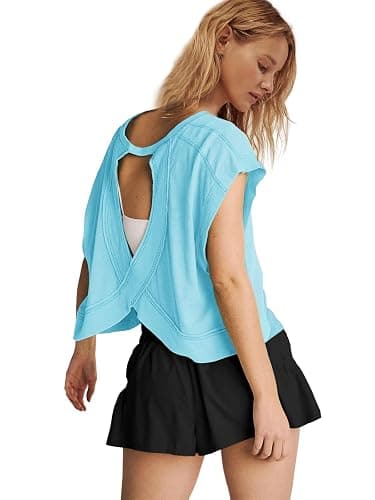Panadila Womens Open Back Workout Top Oversized Workout T Shirts Backless Athletic Shirt Short Sleeve Baby Tee thumbnail 4