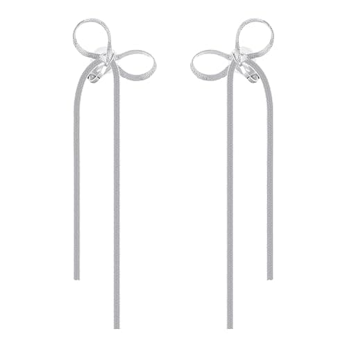 NVWAROCK Cilp-on Bow Earrings Non Pierced Ribbon Bow Dangle Drop Tassel Statement Earring for Women Dangling Long chain Earrings(Gold and Silver) - Image 1