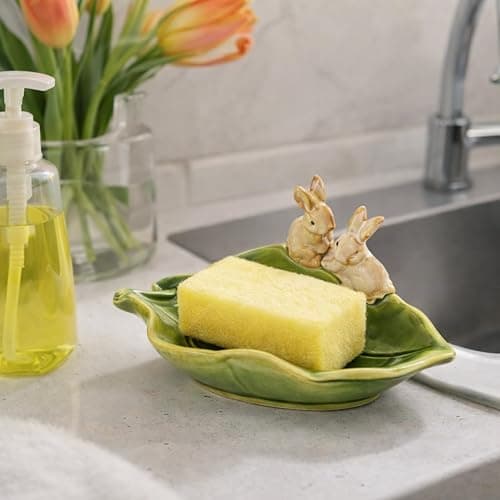 xyadyhz Ceramic Rabbit Soap Dish Holder, Keep Bathroom & Kitchen Organized - Decorative Bunny Sponge Rack, Key Bowl & Jewelry Tray for Countertop Storage, Cute Green Home Decor (1 Piece) thumbnail 5