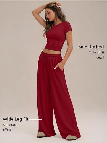 Trendy Queen Women's 2 Piece Matching Summer Lounge Set with Pockets | Vacation Airport Travel Outfits, Workout Gym Clothing Comfy Athleisure Clothes, Side-ruched Top, Drawstring Wide Leg Pants thumbnail 3
