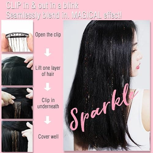 6 Pcs Clip in Hair Tinsle Kit, 19.6 Inch Heat Resistant Glitter Tinsel Hair Extension Clips, Fairy Sparkle Strands Festival Gift Party Dazzle Hair Accessories for Women Girls Kids (GALAXY) thumbnail 2