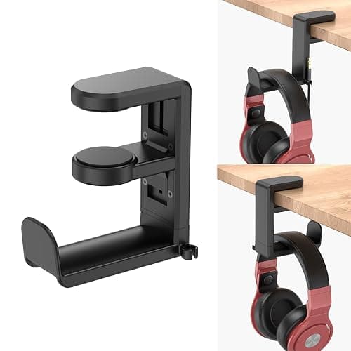 EURPMASK Rotating Headphone Stand - PC Gaming Headset Holder, Adjustable Clamp-on Under Desk Hanger With 360 Degree Swivel & Cable Clip Organizer - Black - Image 1