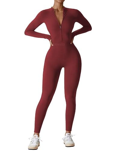 YEOREO Women Long Sleeve Workout Jumpsuit Zip Up Romper Bottom Pants Bodysuit Bodycon Sexy One Piece - Image 1