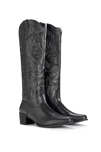 IUV Cowboy Boots For Women Knee High Western Cowgirl Boots Snip Toe Side Zipper Chunky Heel - 9.5 - Black thumbnail 7