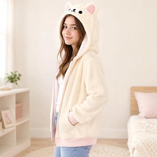 Y2K Cute Bear Ear Zip Up Hoodie Plush Fleece Jacket Kawaii 2000s Harajuku Hooded Sweatshirt Aesthetic Coat thumbnail 4