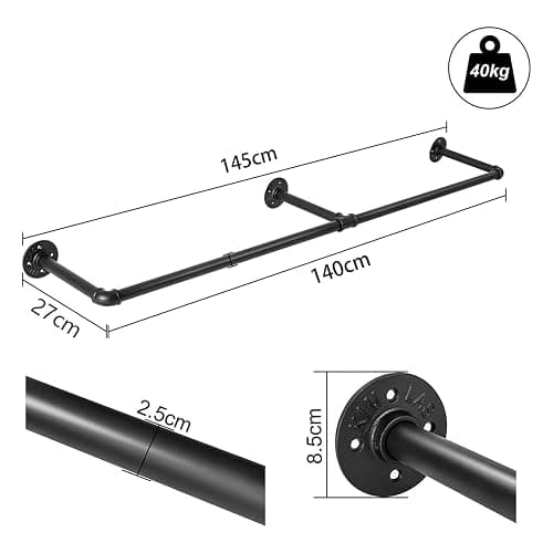 Youyijia Kleiderständer für die Wand 140cm Rohr Kleidergestell Industrieller Stil Wandhänger Abnehmbare Metallkleiderstangen Garderobenstange Schlafzimmer für Flure Wohnzimmer Schlafzimmer Schwarz thumbnail 3