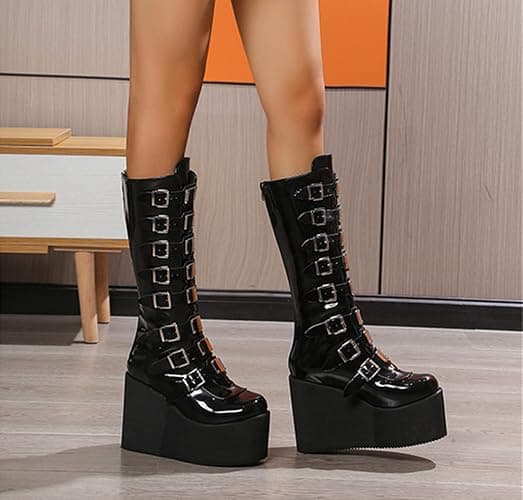 HINDOLA Womens Platform Punk Goth Mid Calf Boots Rivets Metal Decoration Back-Zip Knee High Motorcycle Booties Combat Boots thumbnail 3