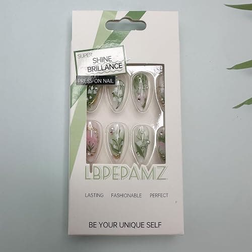LBPEPAMZ Green Press on Nails Medium Almond Fake Nails with 3D Pearl Rhinestones Designs Gold French Tips Flower Acrylic Nails False Nails White Floral Full Cover Glossy Stick on Nails for Women 24Pcs thumbnail 7