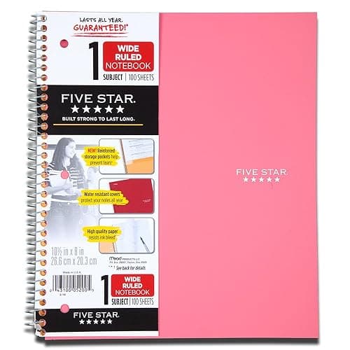Five Star Wirebound Notebook, 1-Subject, 100 Wide-Ruled Sheets, 10.5 x 8 Inch Sheet Size, Pink (72013) - Pink