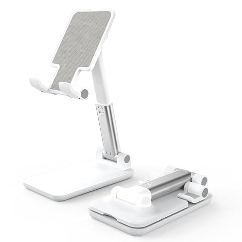 HZZADZXW Cell Phone Stand, Adjustable Angle and Height Cell Phone Holder for Desk, Foldable and Portable, Anti-Slip Silicone Pad, Compatible with All Mobile Phones and 4-8 Inch Devices, White - Image 1