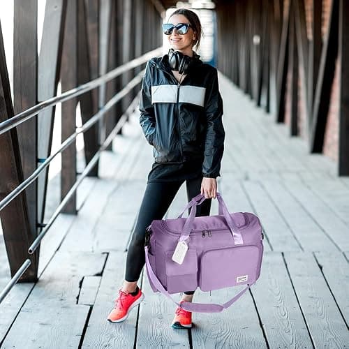 Foldable Travel Duffel With Wet and Dry Separation - Lightweight Large Capacity Holdall for Gym, Sports, Hospital, Overnight Weekend - Purple thumbnail 9