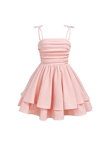 SHENHE Girl's Smocked Ruched A Line Swing Dress Layered Tie Shoulder Flowy Cami Short Dress - Image 1