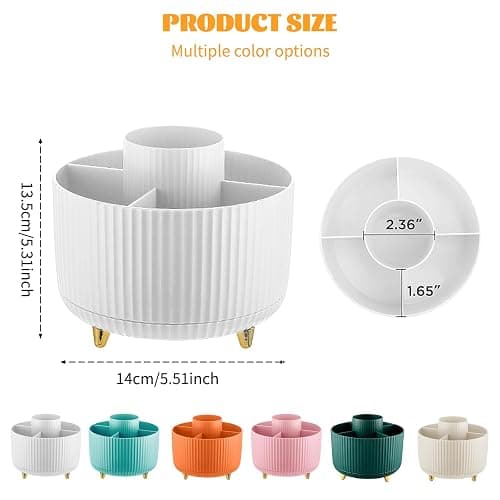 360° Drehbar Make up Organizer, Pinselhalter Kosmetik Aufbewahrung mit 5 Fächern, Aesthetic Schminktisch Organizers für Zimmer Decor Frisiertisch, Schlafzimmer,Badezimmer Organisation (Weiß) thumbnail 3